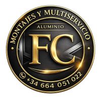 Logotipo dorado y negro de FC Montajes y Multiservicio Aluminio con número de teléfono +34 664 051 022