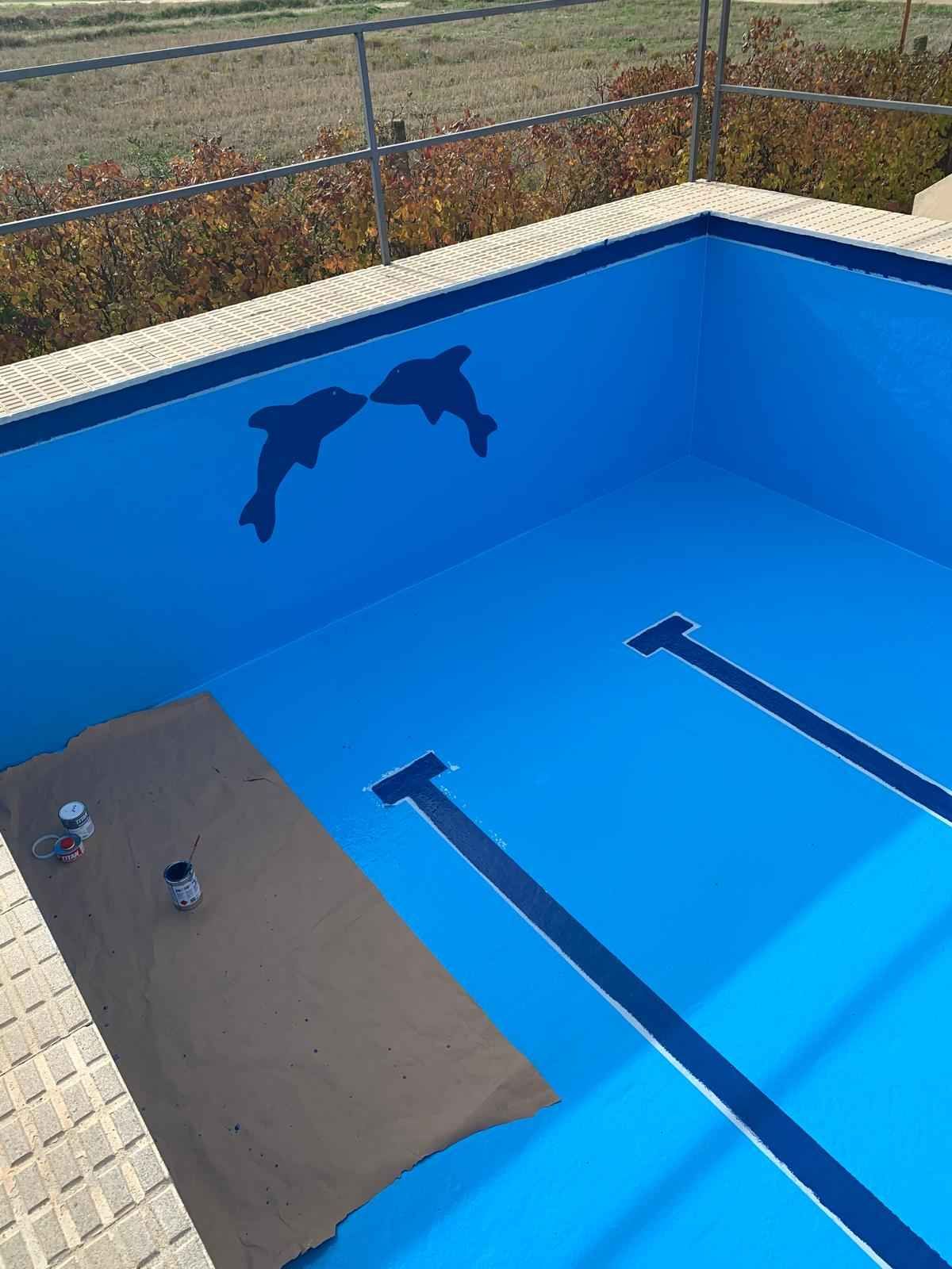 Dos delfines están pintados en el lateral de una piscina.