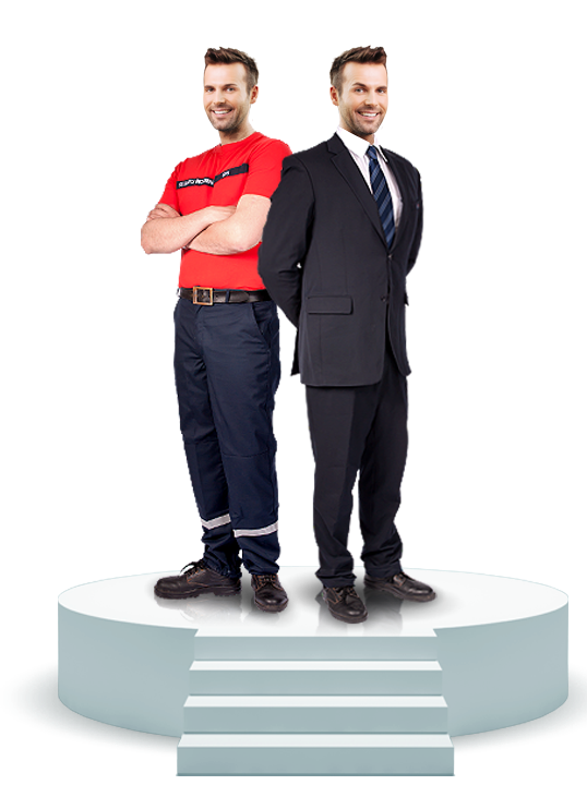 Un agent en tenue incendie et l'autre en costume