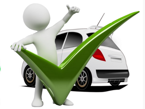 Illustration 3D d'un personnage tout blanc et rond levant le pouce devant une voiture et posant la main sur un symbole validé géant