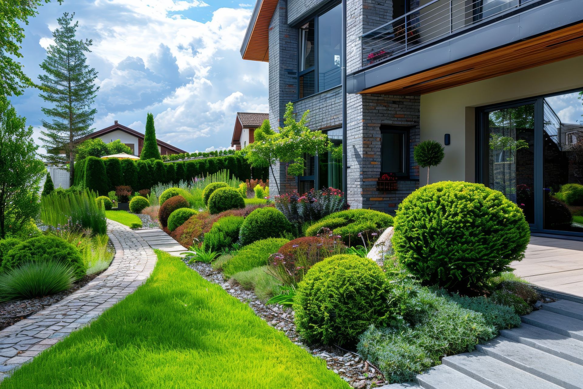 Jardin avec massifs de plantes et pavage