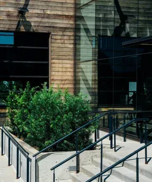 Un edificio con escaleras que conducen a él y un arbusto frente a él.