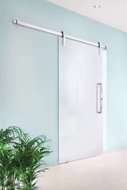 In einem Flur befindet sich neben einer Topfpflanze eine Glasschiebetür.