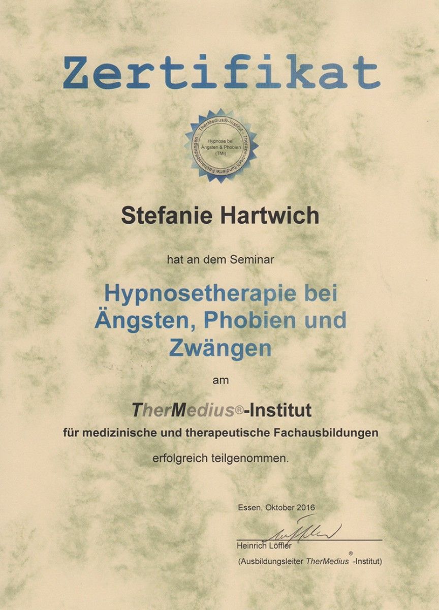 Zertifikat von Stefanie Hartwich zur erfolgreichen Teilnahme am Seminar für