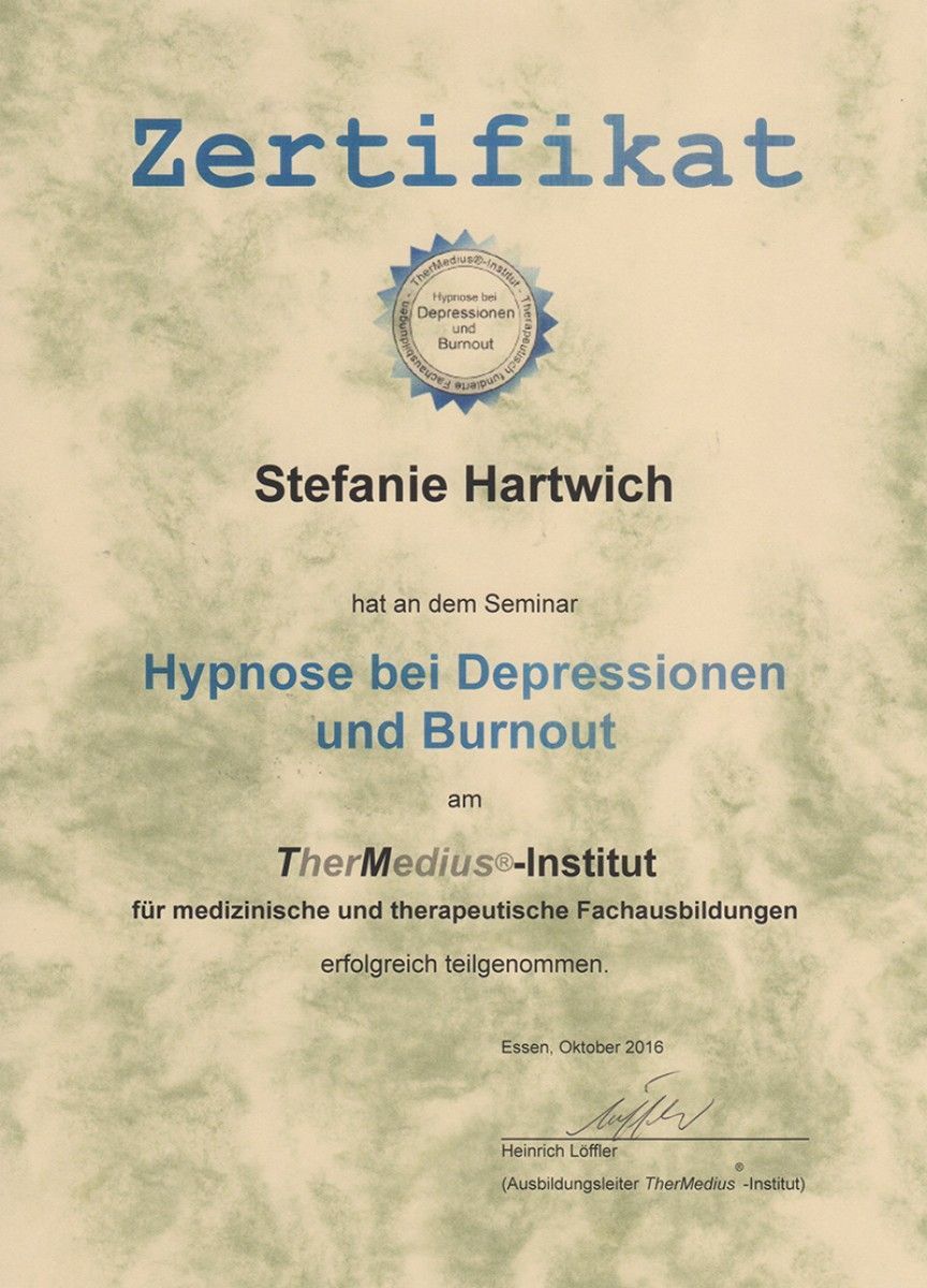Zertifikat von Stefanie Hartwich zur erfolgreichen Teilnahme am Seminar für