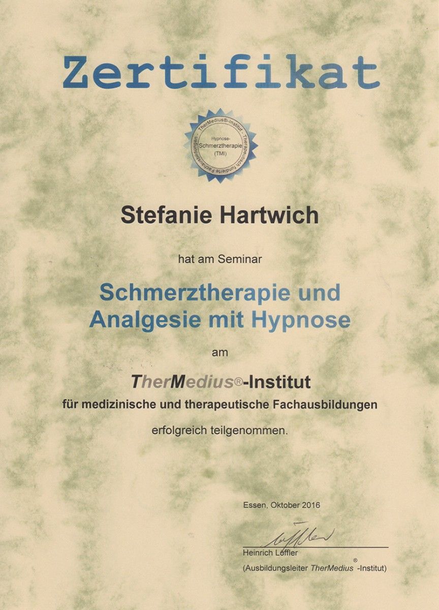 Zertifikat von Stefanie Hartwich zur erfolgreichen Teilnahme am Seminar für