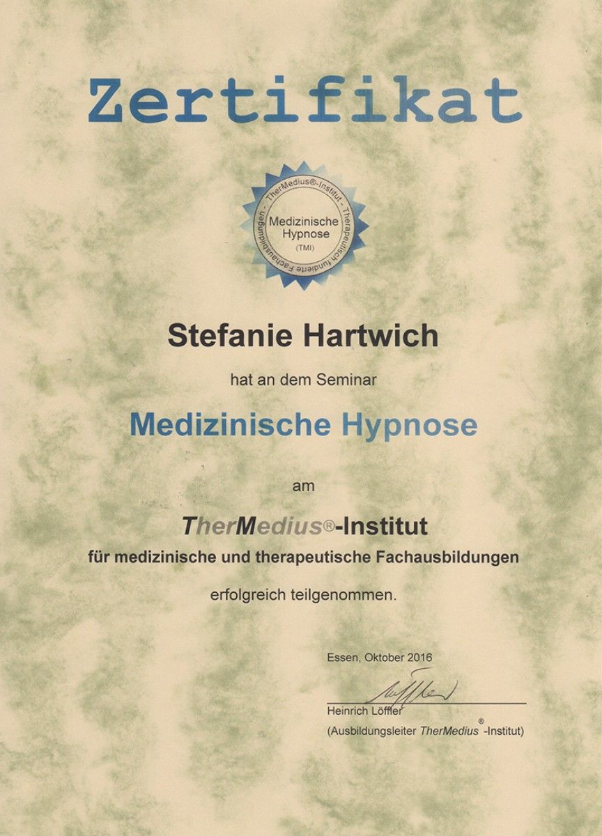 Zertifikat von Stefanie Hartwich zur erfolgreichen Teilnahme am Seminar für
