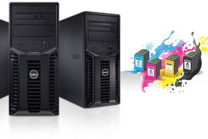 Una fila de carcasas de computadoras Dell junto a una fila de cartuchos de tinta de colores