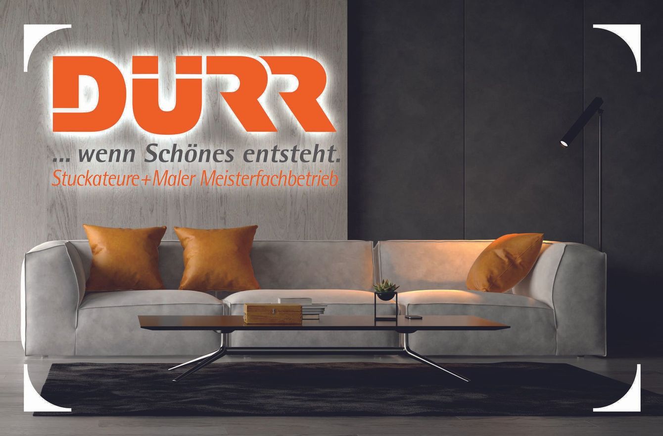 Dürr Stuckateure GmbH & Co.KG – Firmenlogo auf einem Foto mit einem einladenden Wohnbereich
