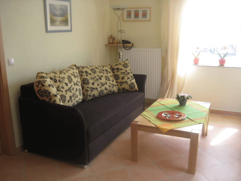 Ein kleines Wohnzimmer mit einem braunen Sofa, Kissen mit Blumenmuster und einem hölzernen Couchtisch vor dem Fenster.