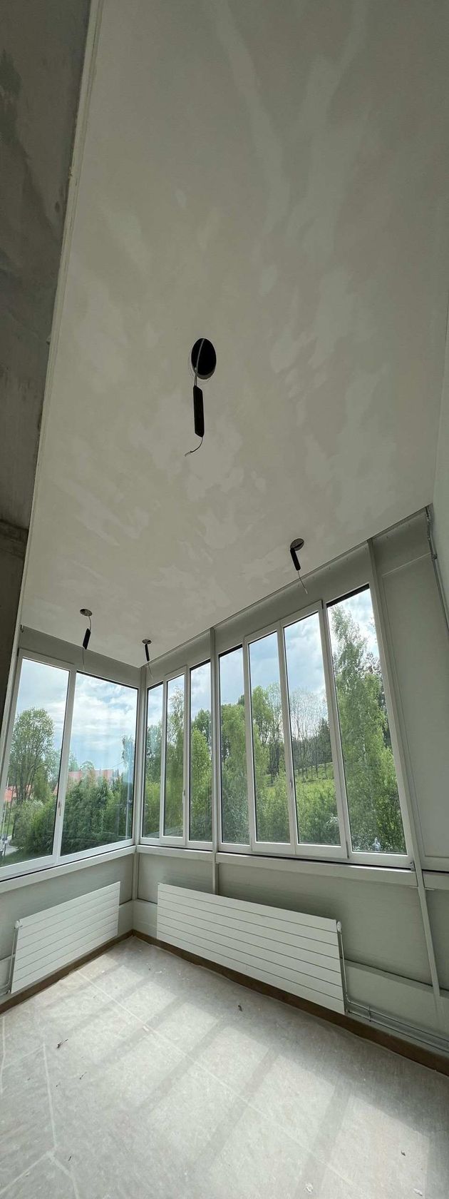 Une pièce vide avec fenêtres, plafonniers et radiateurs. Vue sur les arbres extérieurs.