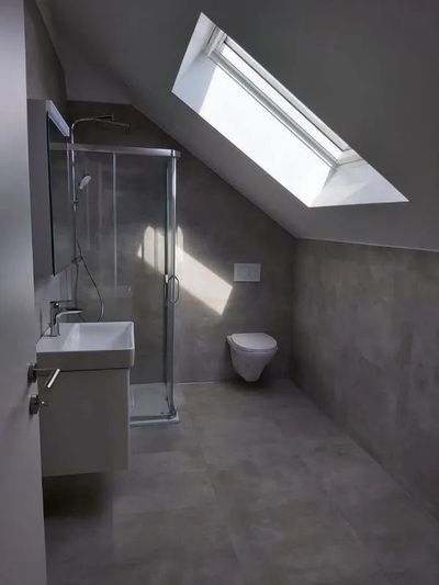 Salle de bain moderne avec murs gris, puits de lumière, douche, toilettes et lavabo.