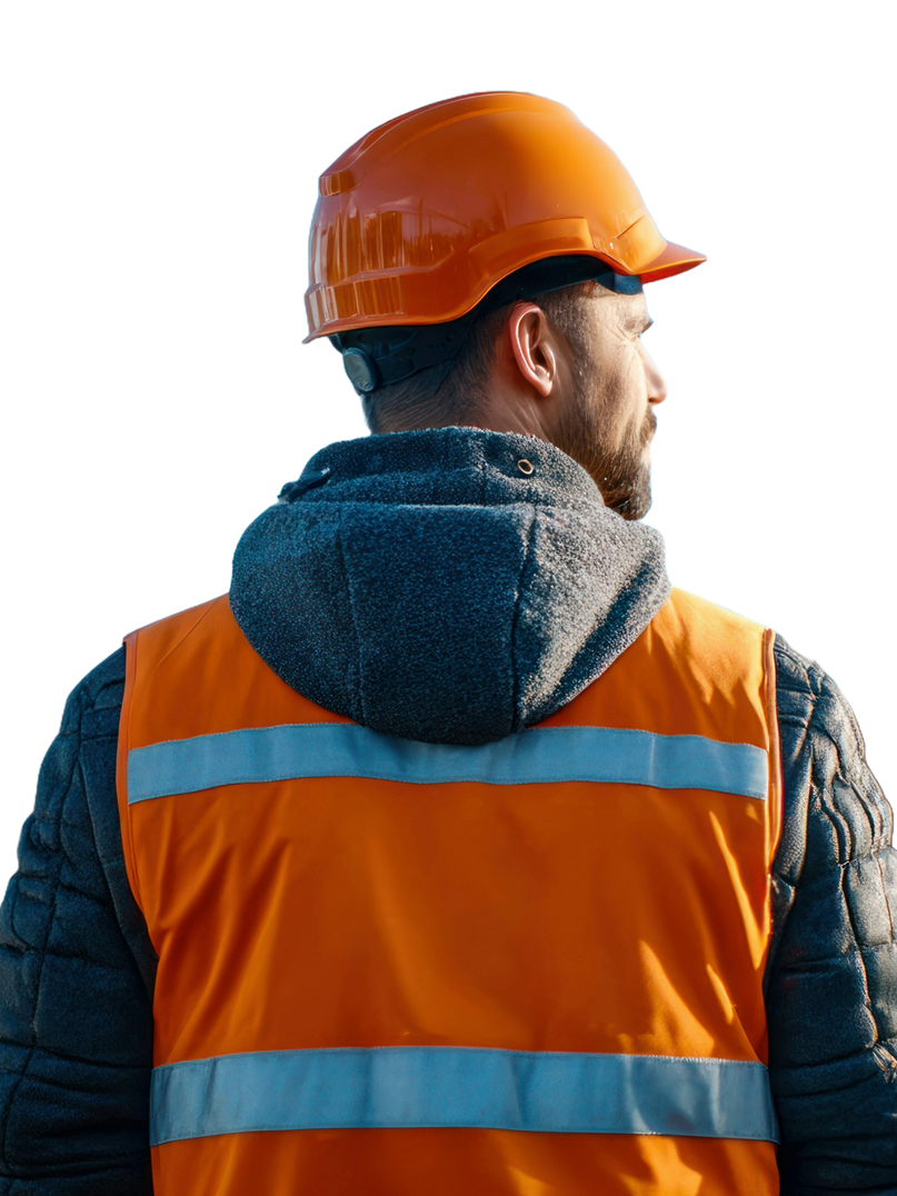 Ingénieur de dos la tête tournée à droite qui regarde l'horizon