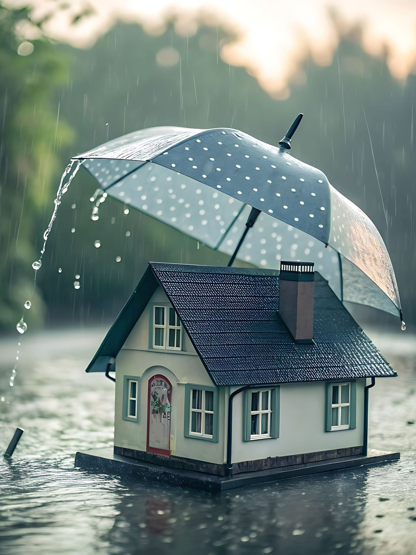 Maquette d'une petite maison avec un parapluie