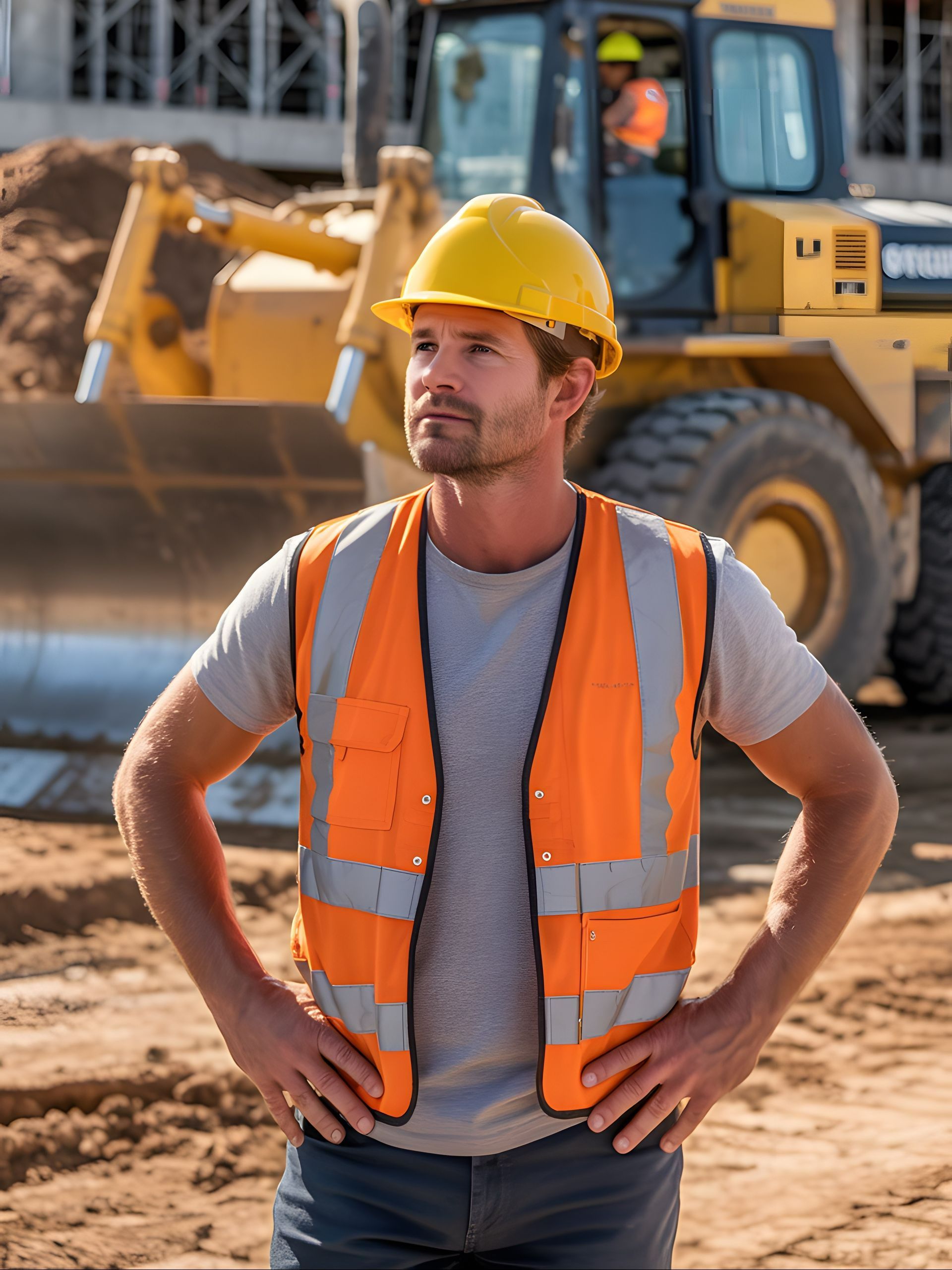 Ingénieur sur un chantier avec tractopelle derrière