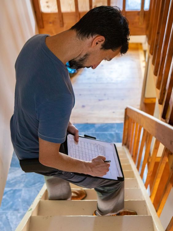 Ingénieur dans un escalier avec un document