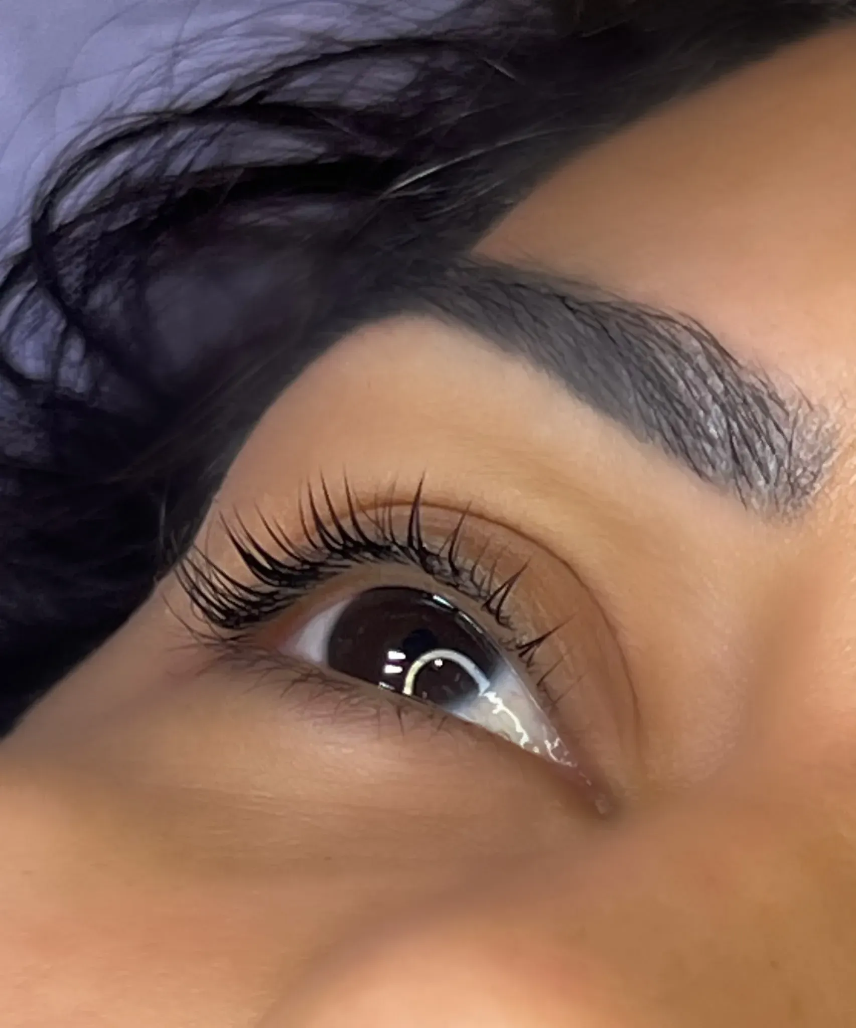 Primer plano de un ojo marrón con pestañas largas y ceja oscura sobre piel suave.