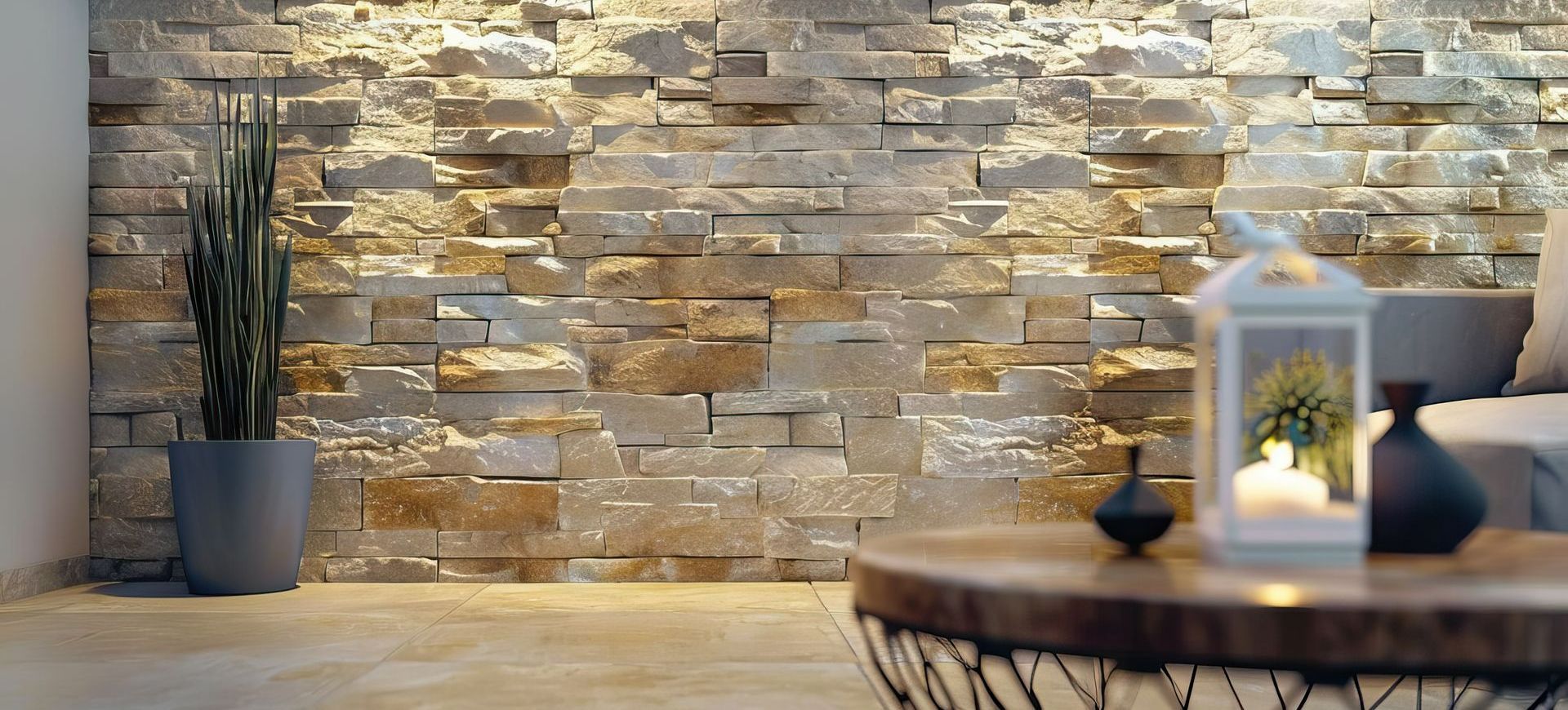 Salon avec un pan de mur en pierre