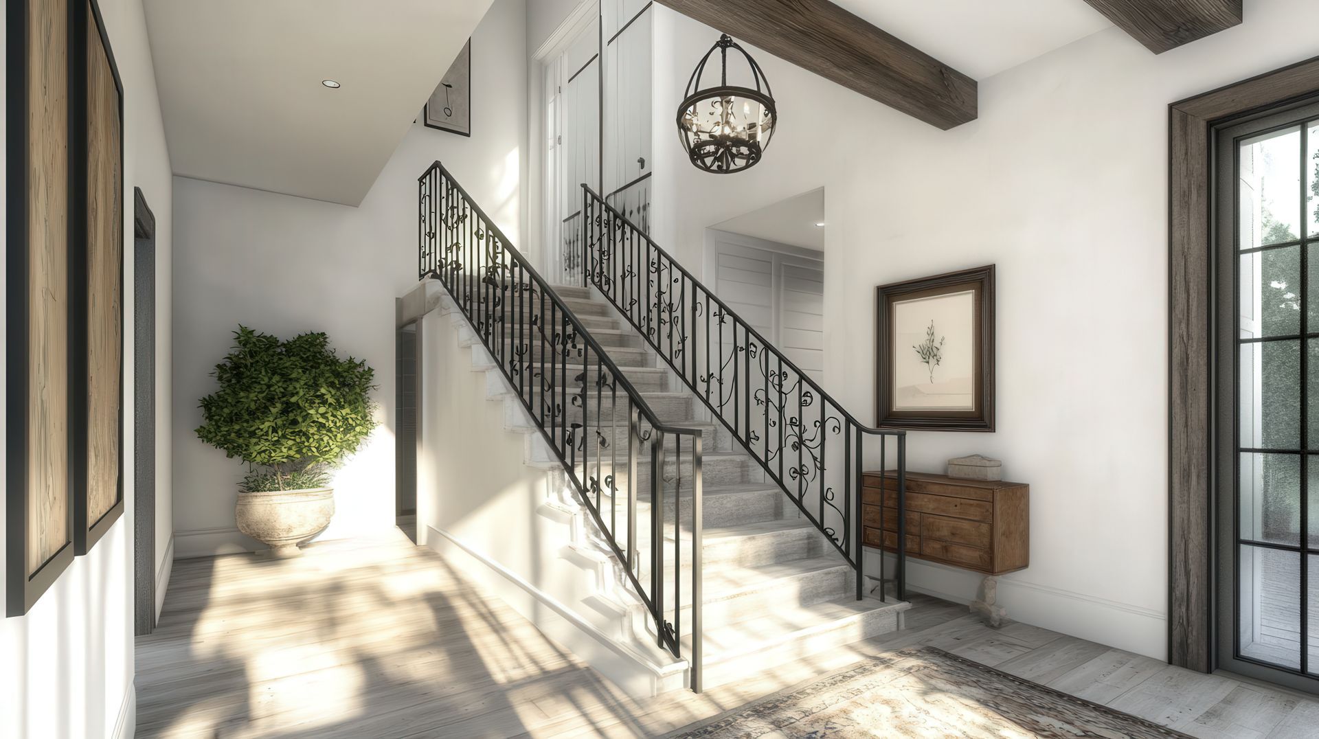 Grand escalier blanc avec des rampes en acier