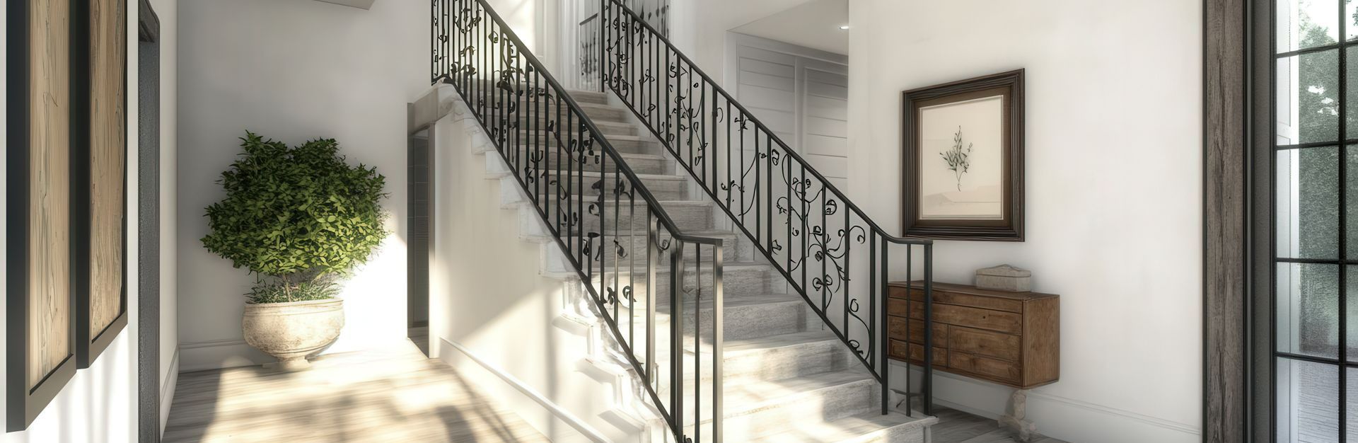 Grand escalier blanc avec des rampes en acier
