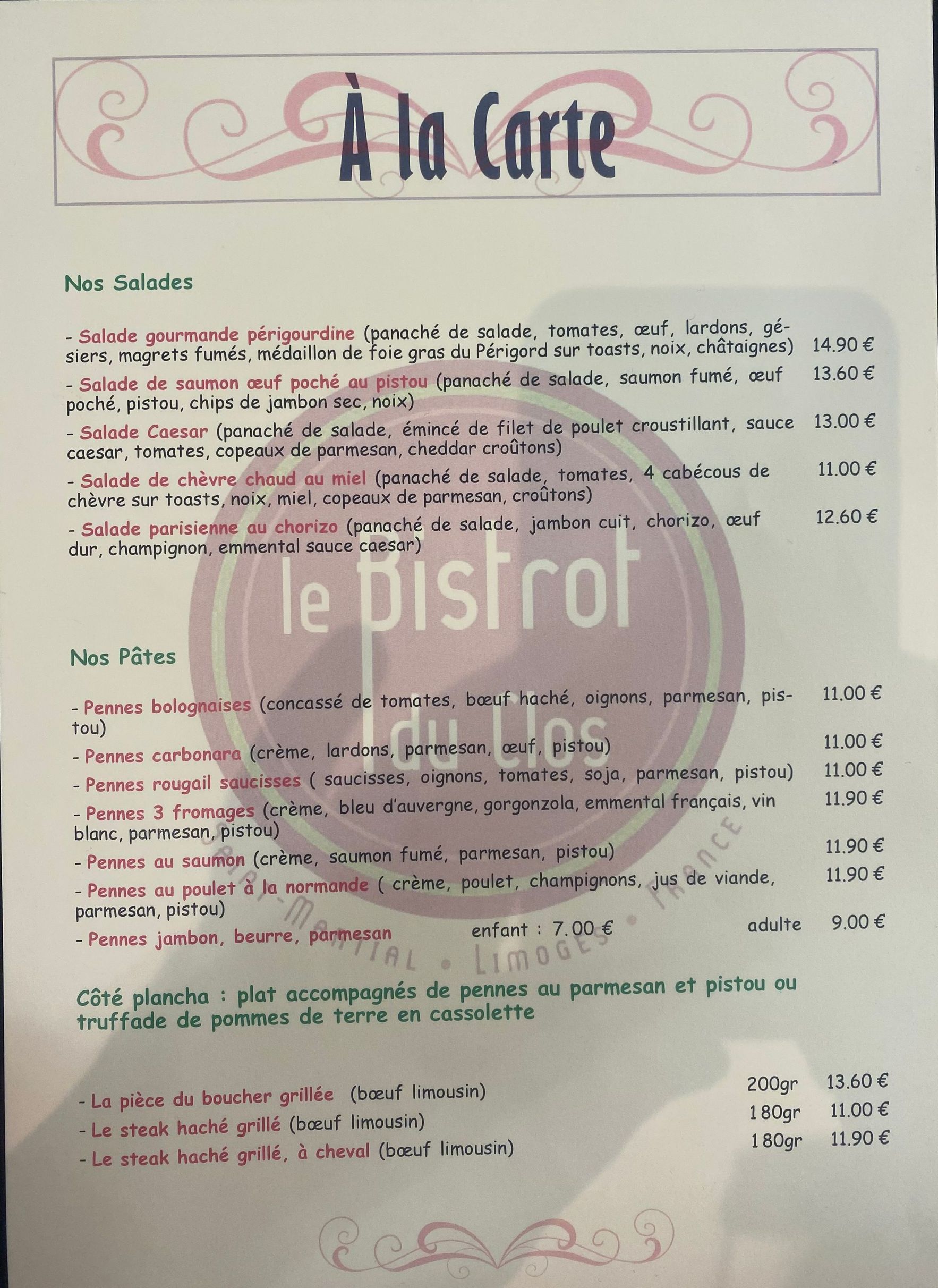 Carte des salades, pâtes et plancha