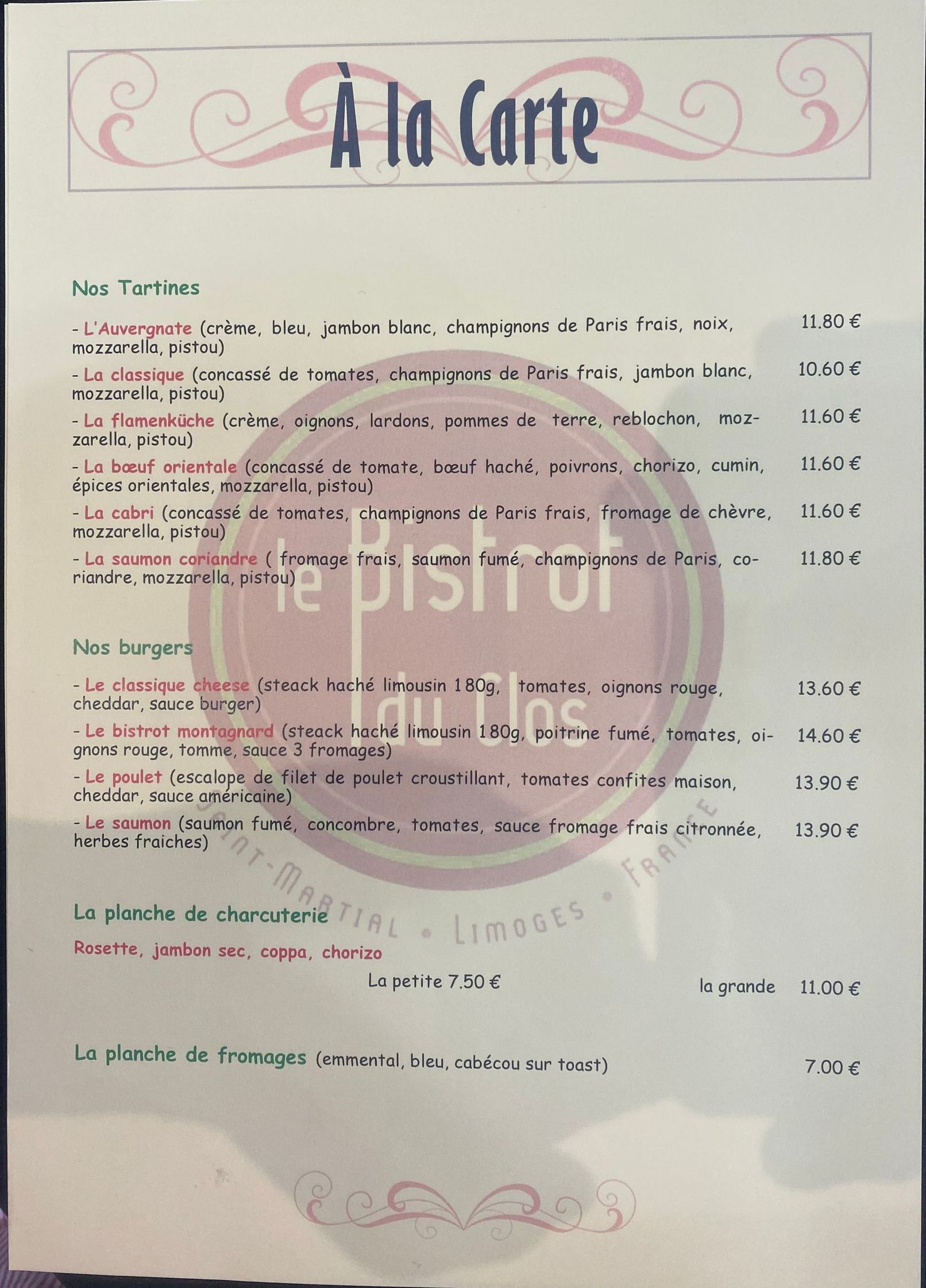 Carte de burgers, tartines et planches