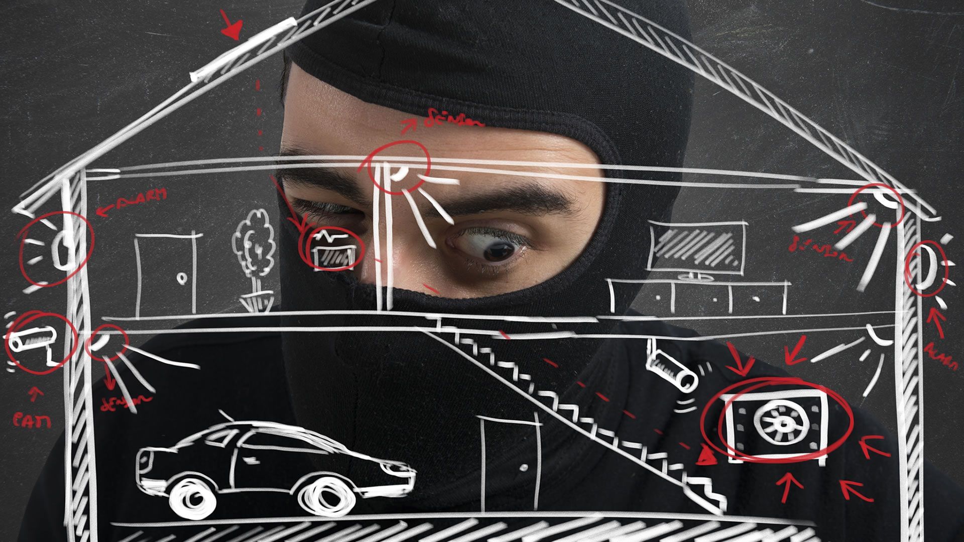 Croquis d'une coupe transversale d'une maison avec une voiture dans le garage et une personne regardant par une fenêtre à l'étage.