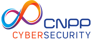 Logo de CNPP Cybersécurité avec une icône infinie colorée en bleu, rose et orange