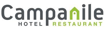 Logo du restaurant de l'hôtel Campanile avec texte gris et vert et icône de maison