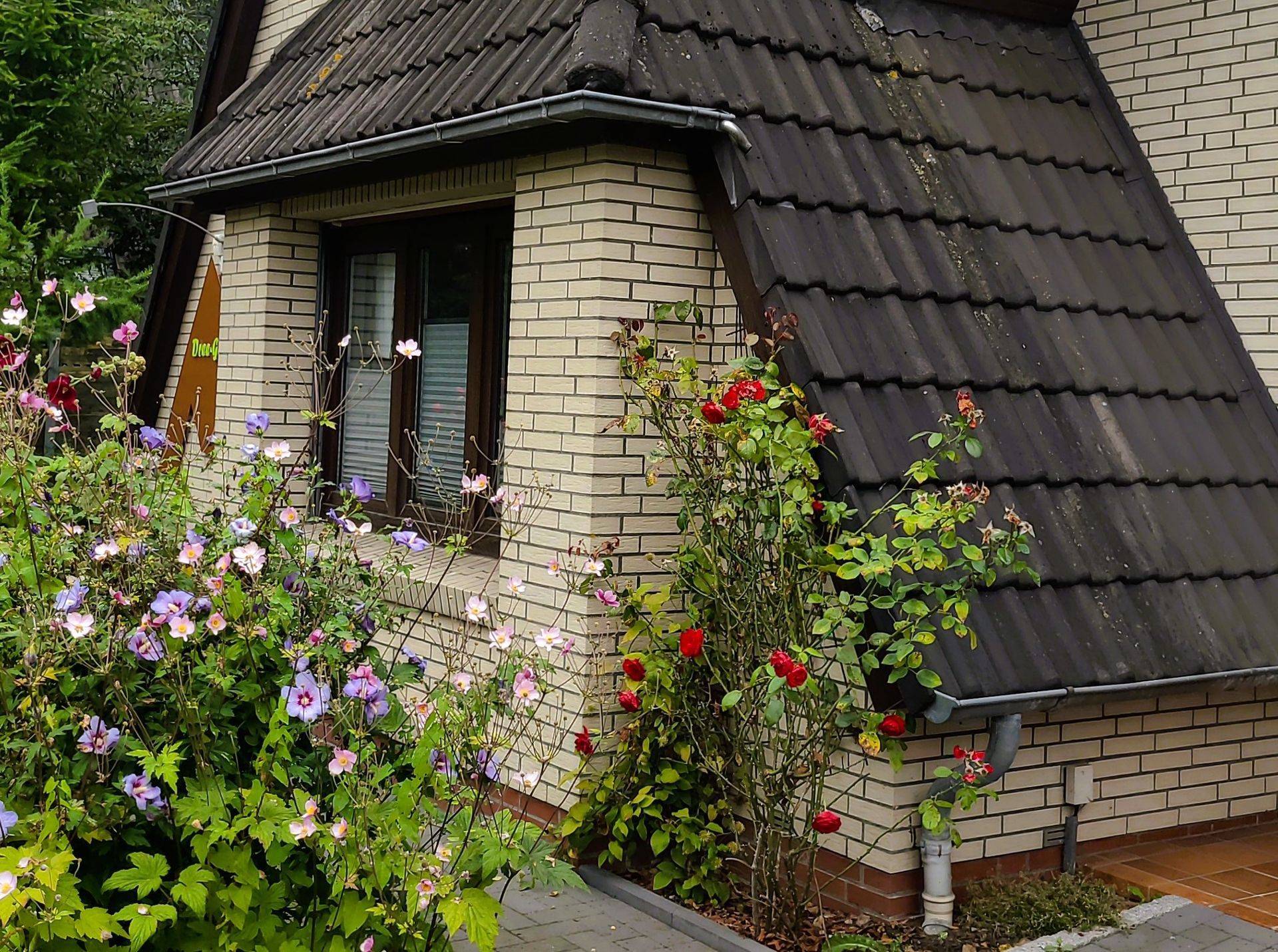 Blühender Eingangsbereich der Ferienwohnung KIEK RUT im DreeGevelsHuus