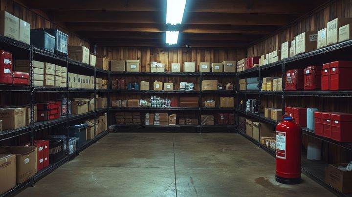 Interior de almacén con estantes llenos de cajas y un extintor rojo.
