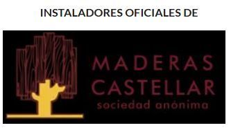 Logotipo de la empresa Maderas Castellar. Fondo oscuro con el icono de un árbol y el nombre de la empresa en granate.