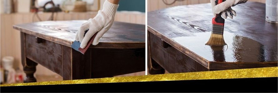 Persona lijando y pintando una mesa de madera, con guantes.