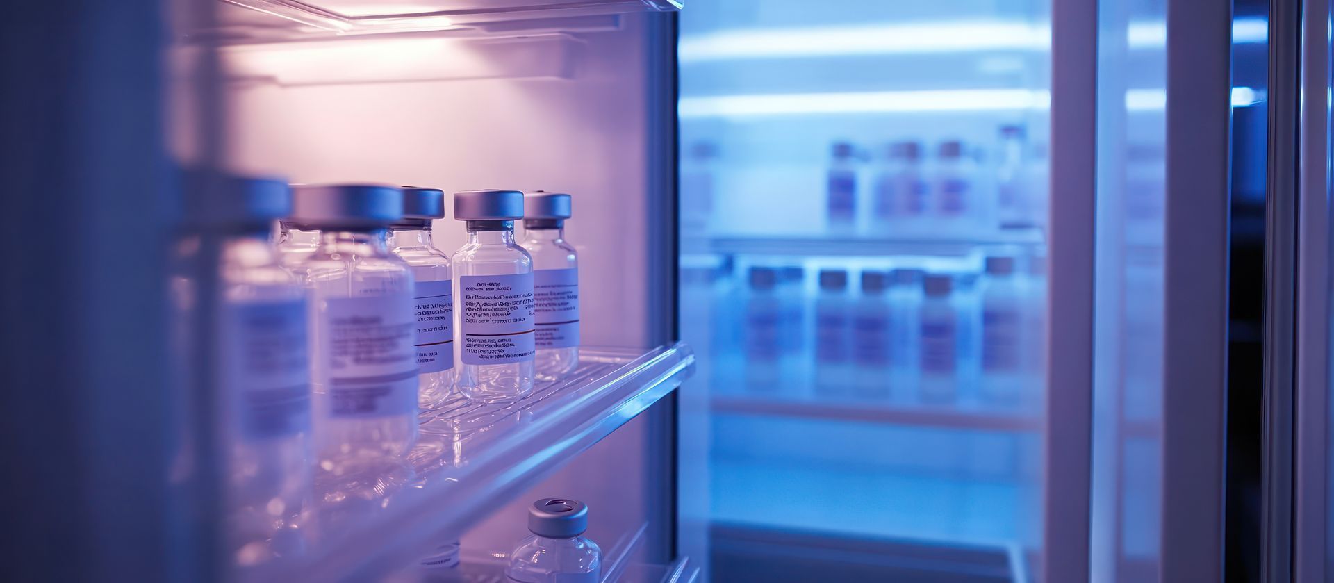 Des fioles de produits pharmaceutiques conservées en chambre froide