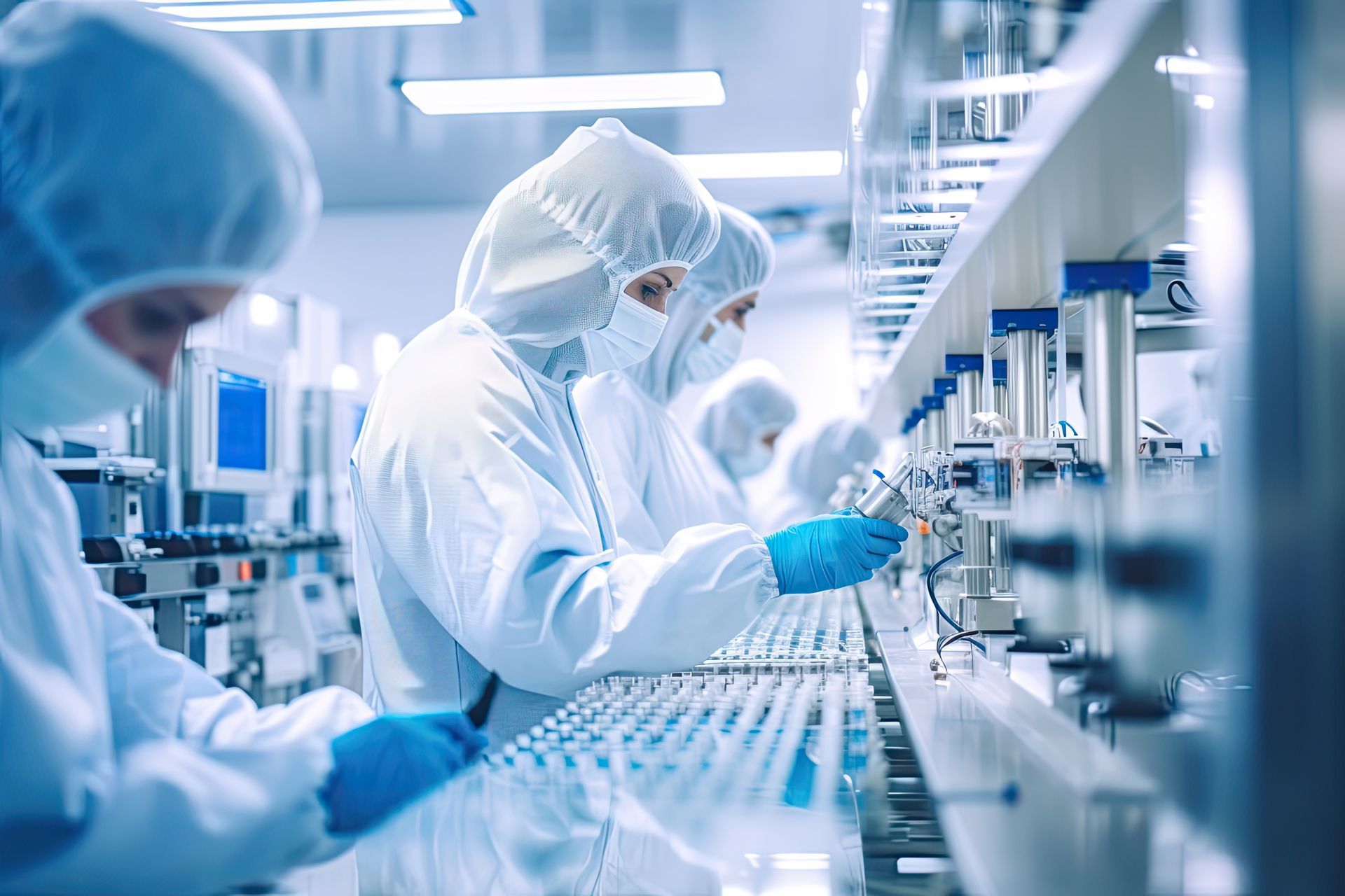 Des techniciens de laboratoire manipulant avec précaution des solutions pharmaceutiques