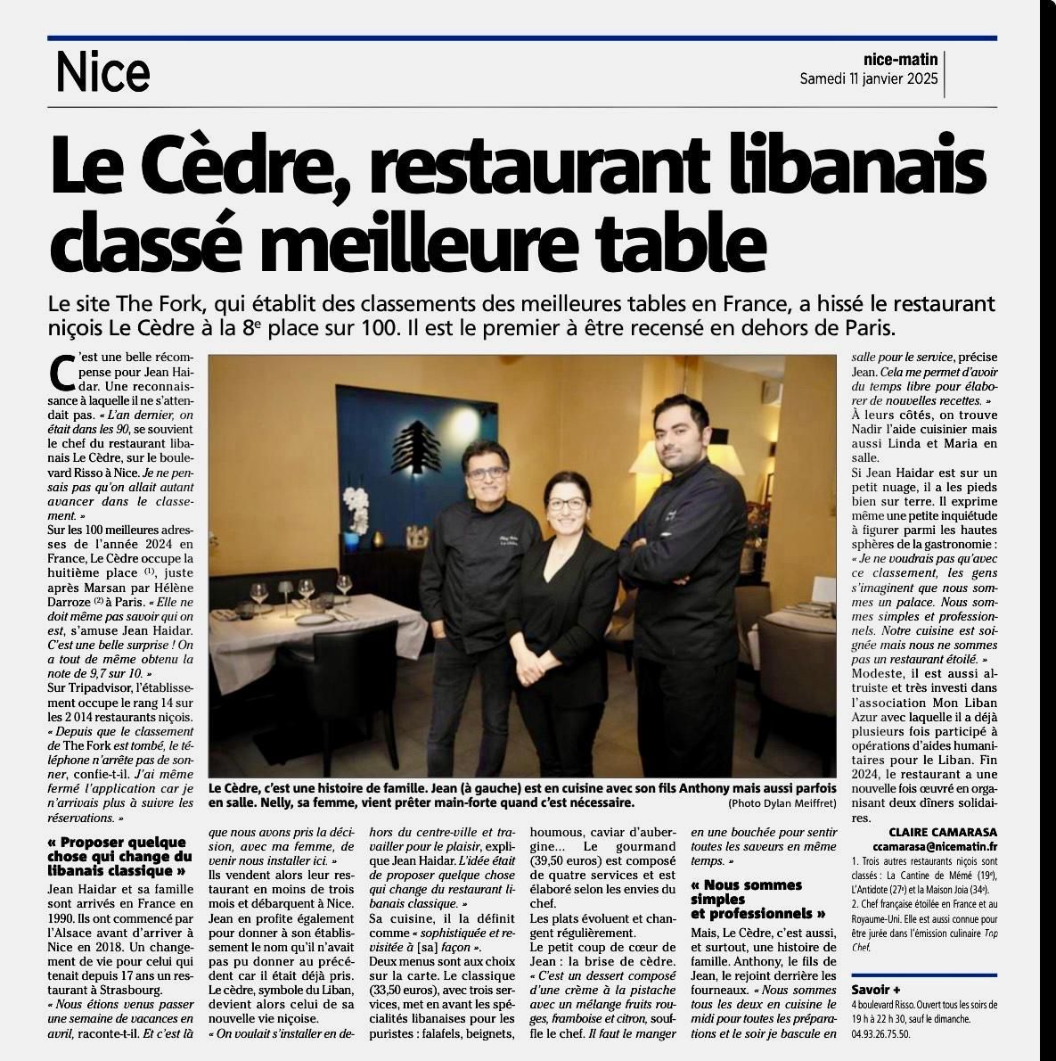 Articles suite au classement du Cèdre 8ieme en France selon TheFork avec une note de 9,7/10