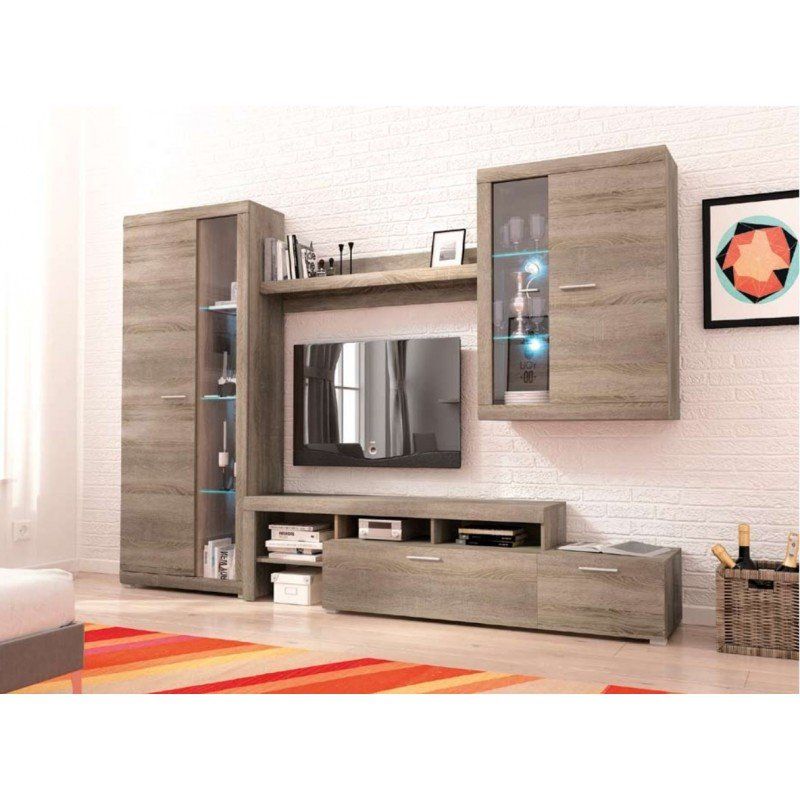 Moderno centro de entretenimiento de madera gris contra una pared de ladrillo blanco, con un televisor montado.