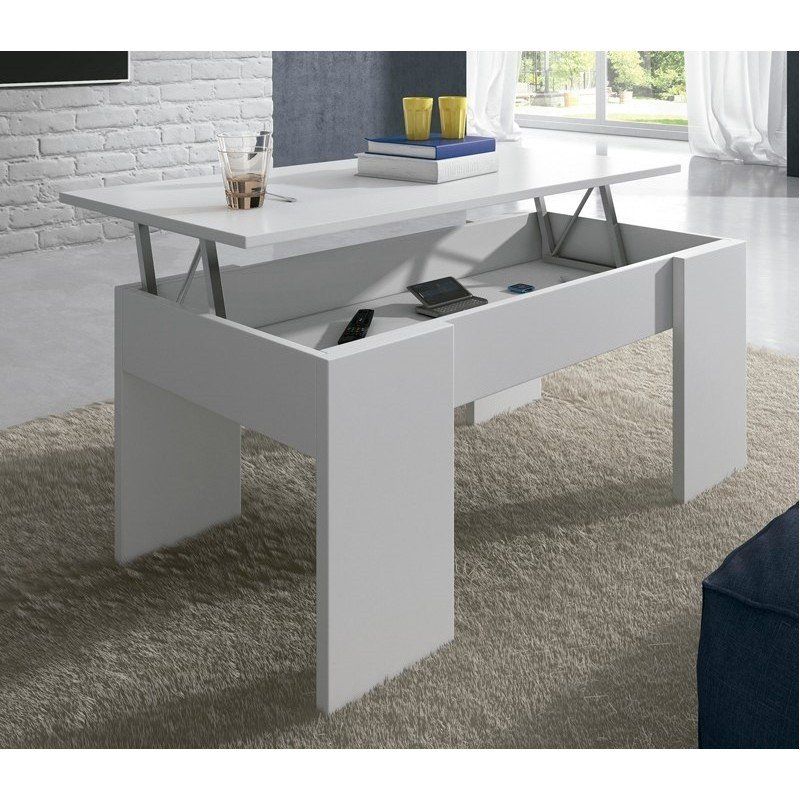 Mesa de centro elevable, rectangular, de color blanco y con espacio de almacenamiento, en un ambiente de sala