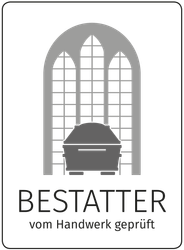 Ein schwarz-weißes Logo für einen Bestatter mit einem Sarg vor einem Fenster.