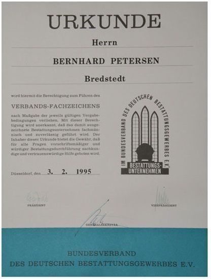 A certificate that says urkunde herrn bernhard petersen bredstedt