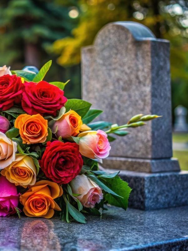 Auf einem Grab vor einem Grabstein liegt ein Strauß Rosen.