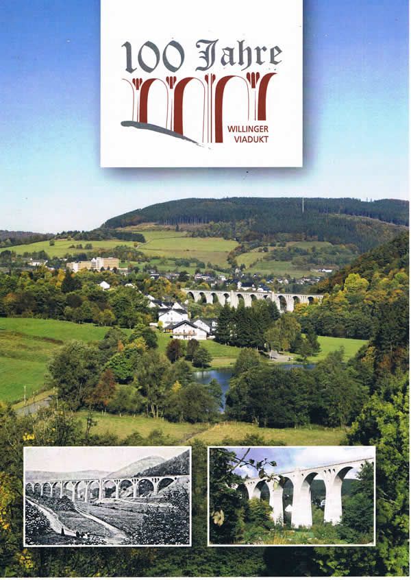 Plakat zur Feier des 100-jährigen Bestehens einer weißen Steinbrücke in einem Tal mit zwei historischen Fotos.