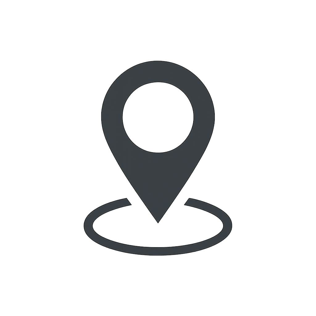 Dunkelgraue Standortnadel, die einen Punkt mit einem kreisförmigen Radius darum markiert.