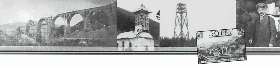 Schwarz-Weiß-Collage einer Bogenbrücke, eines Gebäudes und eines hohen Turms.