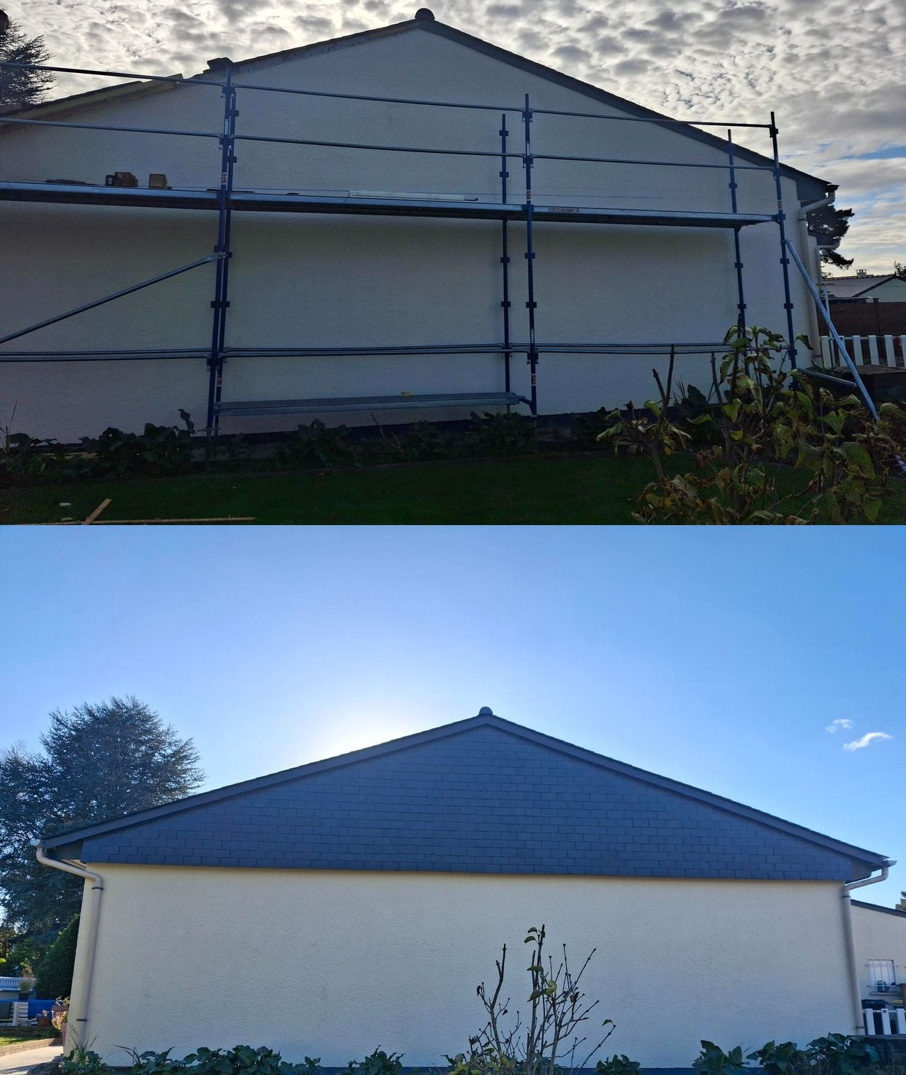 Avant et après : Échafaudage le long d'un pignon de maison