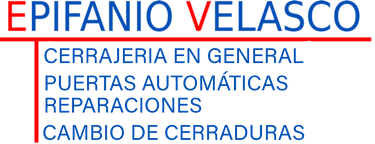 Logotipo para servicios de cerrajer&iacute;a Epifanio Velasco: Texto azul con acentos rojos, publicidad de cerrajer&iacute;a en general, puertas autom&aacute;ticas, reparaciones y cambios de cerraduras.