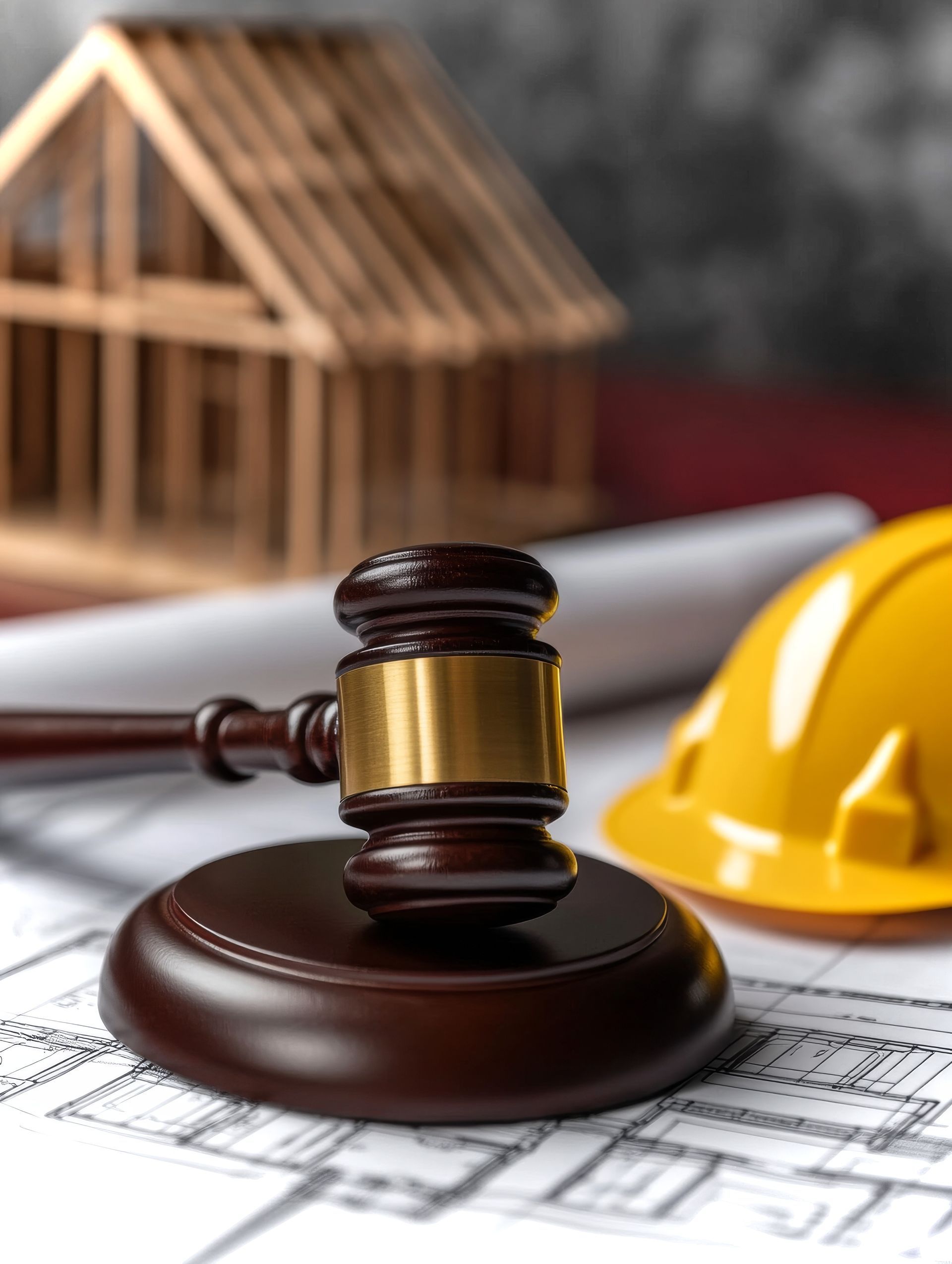 Marteau posé sur les plans d'un bâtiment à côté d'un casque de chantier