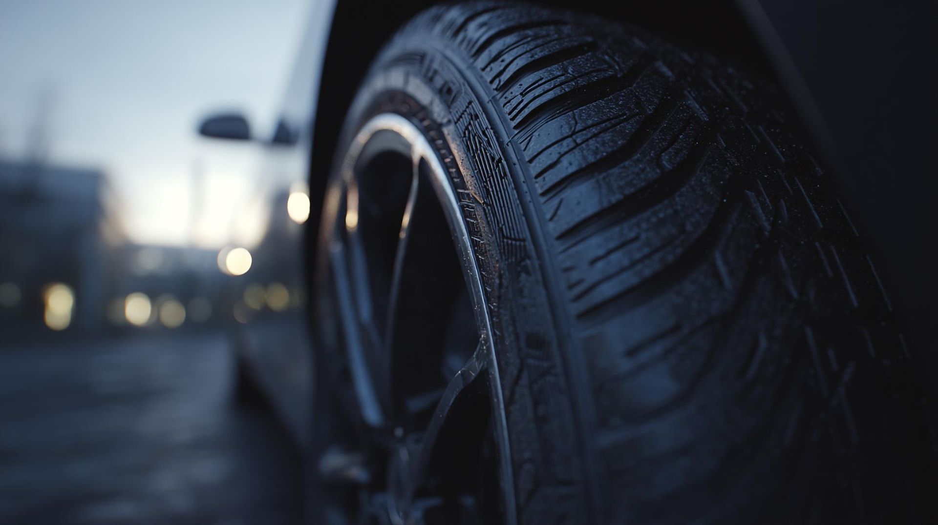 Primer plano de un neumático de automóvil sobre una llanta de aleación, con un fondo urbano borroso, en tonos fríos.