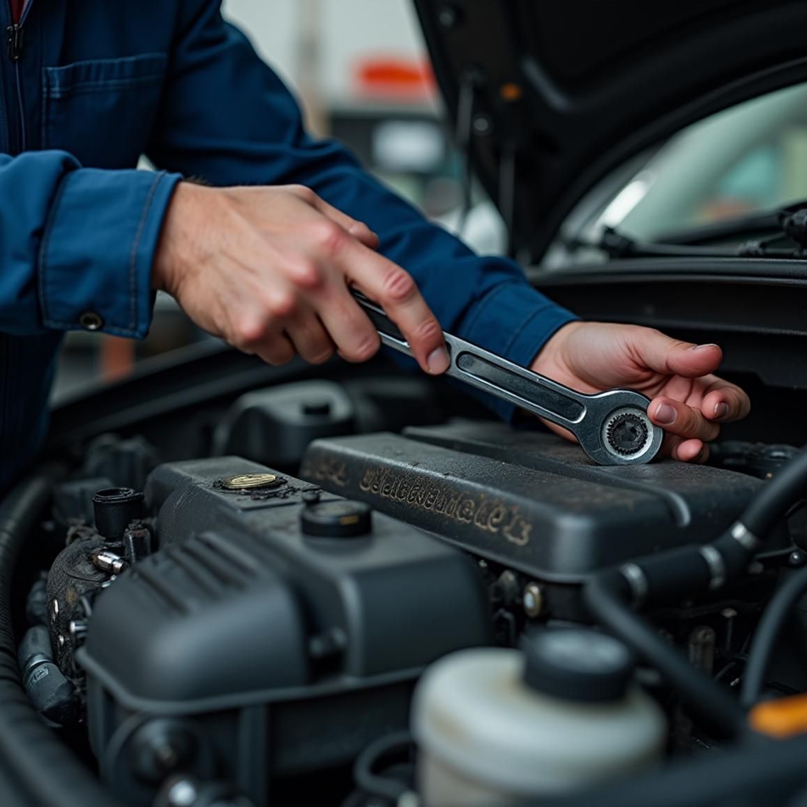 Mecánico con mono azul usando una llave inglesa en el motor de un automóvil con el capó abierto.