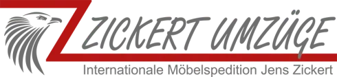 Logo des Umzugsunternehmens Zickert Umzüge mit Adlerkopf und roten Akzenten.